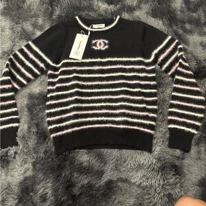 Chanel Black,Pink and White Striped Sweater